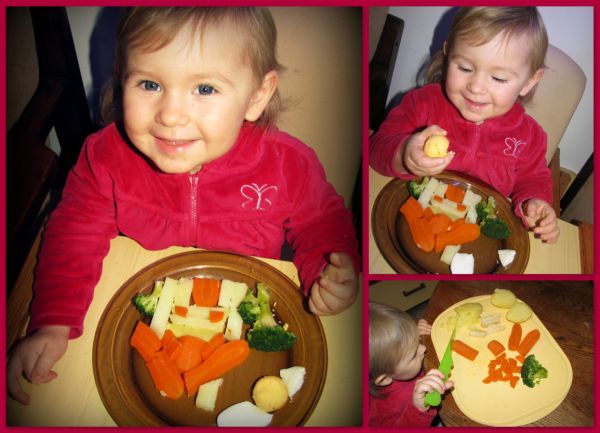 Zosia i pyszne warzywka. Cudownie czas spędzony na krojeniu kolorowych warzyw z mamusią, ułozony domek i zajadanie się aż będzie pełny brzuszek :)